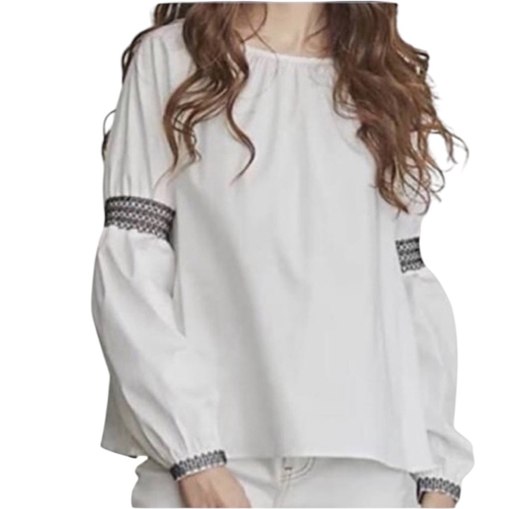 ELIZABETH JAMES puff sleeves EMBROIDERED BOHO PEASANT GYPSY WHITE BLACK BLOUSE